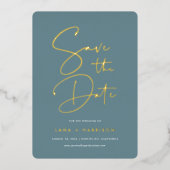 Hazy Blauwgroen | De moderne Foto van het Manuscri Folie Uitnodiging (Voorkant)