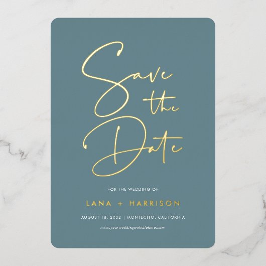 Hazy Blauwgroen | De moderne Foto van het Manuscri Folie Uitnodiging (Voorkant)