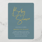 Hazy Blauwgroen | Modern minimalistisch script Bab Folie Uitnodiging (Voorkant)