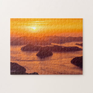 Hazy sunset on Kurushima Kaikyo Bridge and Kurushi Legpuzzel