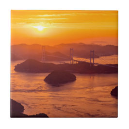 Hazy sunset on Kurushima Kaikyo Bridge and Kurushi Tegeltje