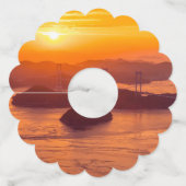 Hazy sunset on Kurushima Kaikyo Bridge and Kurushi Wijnglaslabel (Voorkant)