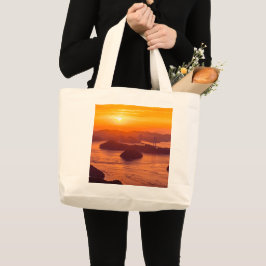 Hazy sunset on Kurushima Kaikyo Bridge Grote Tote Bag