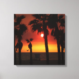 HB Sunset Palms & Zeemeeuw  Canvas Afdruk