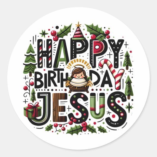 HBD Jesus Ronde Sticker (Voorkant)