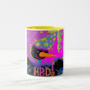 HBD-kraai op een mok. Tweekleurige Koffiemok