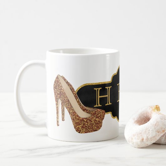 HBIC Boss Lady | Chic Black Gold Glitter Shoes Koffiemok (Met donut)