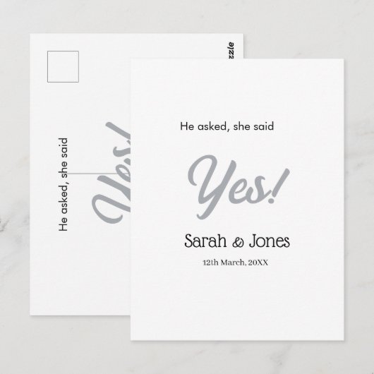 He asked she said yes engagement simple silver dat briefkaart (Voorkant / Achterkant)