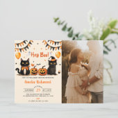 Hé Boo! Black Cat Halloween Baby shower Kaart (Staand voorkant)