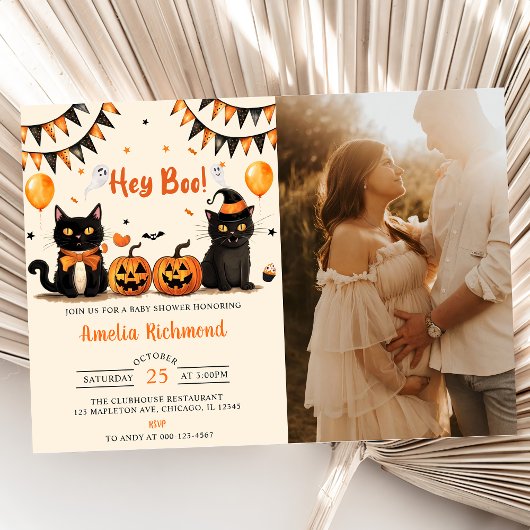 Hé Boo! Black Cat Halloween Baby shower Kaart