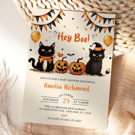 Hé Boo! Black Cat Halloween Baby shower Kaart