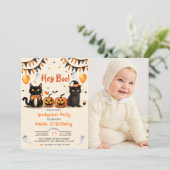 Hé Boo! Black Cat Halloween Verjaardagsfeestfoto Kaart (Staand voorkant)
