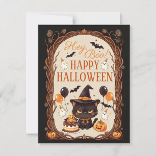 Hé Boo enge leuke zwarte kat heks Halloween Notitiekaartje