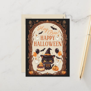Hé Boo enge schattige zwarte kat heks Halloween Feestdagenkaart