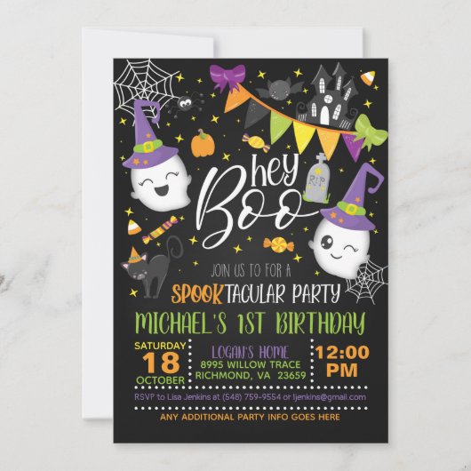 Hé Boo Halloween Birthday Invitation - Blk Kaart (Voorkant)