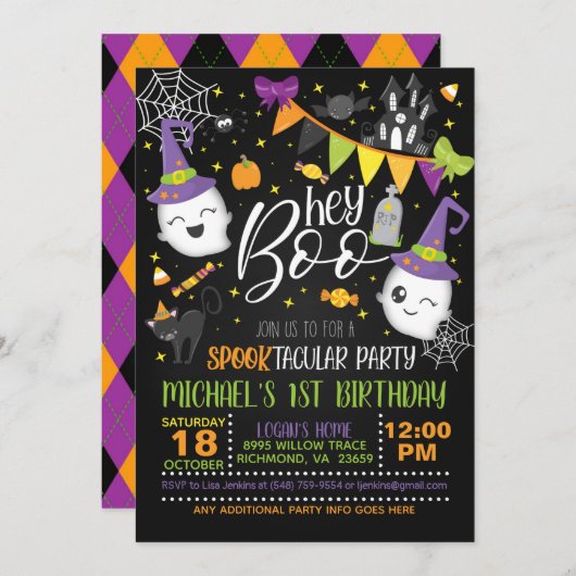 Hé Boo Halloween Birthday Invitation - Blk Kaart (Voorkant / Achterkant)