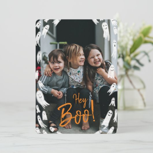 Hé Boo Halloween Ghost-fotokaart Feestdagenkaart (Staand voorkant)