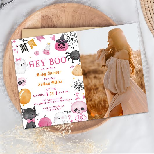 Hé Boo! Roze Halloween Baby shower foto Kaart