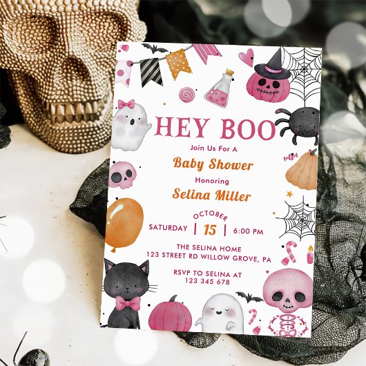 Hé Boo! Roze Halloween Baby shower Kaart