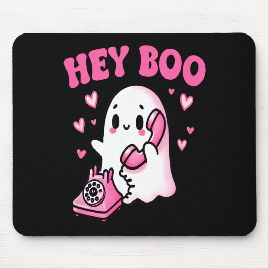 Hé Boo schattig spook op telefoon grappige Hallowe Muismat (Voorkant)