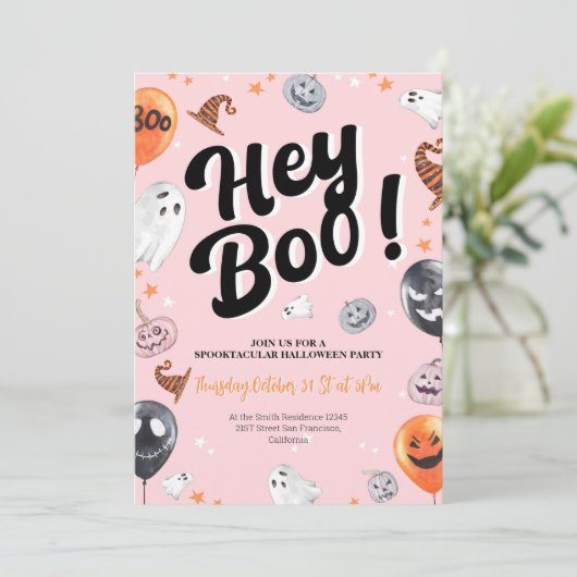 Hé Boo Spooktacular Halloween Party Invitation Kaart (Staand voorkant)
