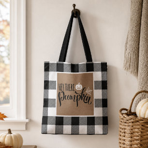Hé daar Pompoen Jutezak Buffalo Plaid Halloween Tote Bag