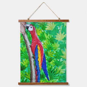 Hé, er zit een scharlaken ara in die boom! hangend wandkleed
