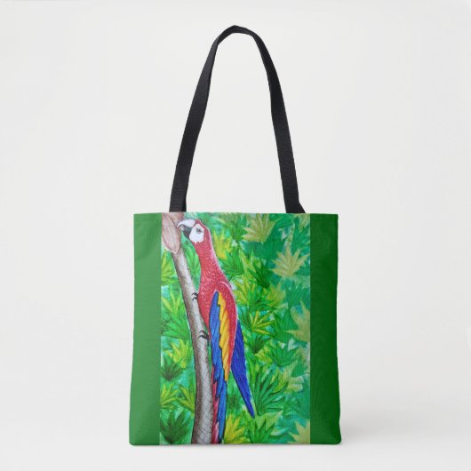 Hé, er zit een scharlaken ara in die boom! tote bag (Voorkant)