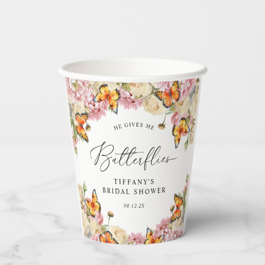 He Gives Me Butterflies Peonies Bridal Shower Papieren Bekers (Achterkant)