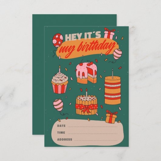 Hé, het is mijn verjaardag, uitnodiging op zondag (Voorkant / Achterkant)