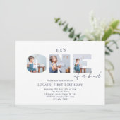 He is ONE of a Kind Photo Navy Blue First Birthday Kaart (Staand voorkant)