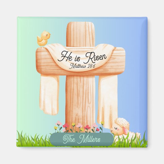He Is Risen – Easter Cross and Lamb Scene Magneet (Voorkant)