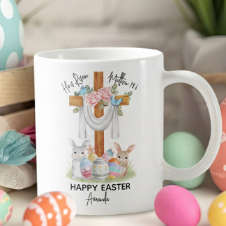 He is Risen Happy Easter Gift with Cross & Bunnies Koffiemok