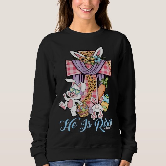He is Risen Kids Leopard Cross Bunny Happy Easter  Trui (Voorkant)