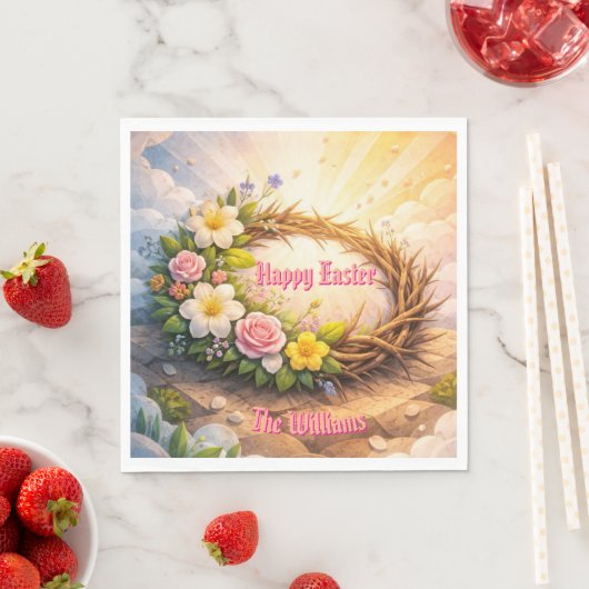 He Is Risen Religious Floral Crown Easter Napkins Servet (Insitu)