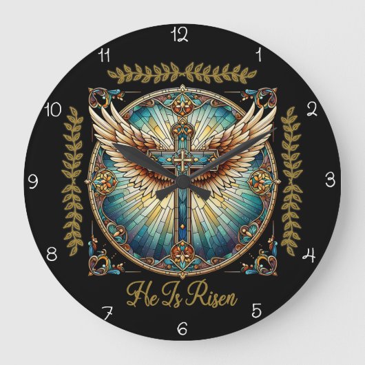 He Is Risen Winged Cross Grote Klok (Voorkant)