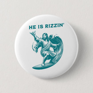 He Is Rizzin Jesus Surfing Funny Retro Easter Vint Ronde Button 5,7 Cm