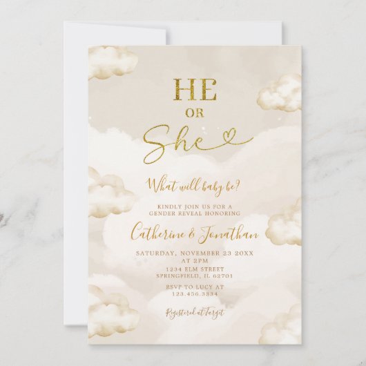 He Or She Boho Beige Clouds Gold Gender Reveal Kaart (Voorkant)