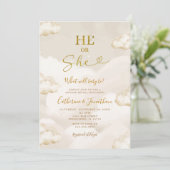 He Or She Boho Beige Clouds Gold Gender Reveal Kaart (Staand voorkant)