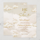 He Or She Boho Beige Clouds Gold Gender Reveal Kaart (Voorkant / Achterkant)