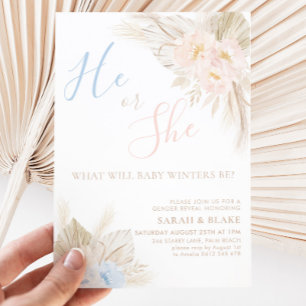 He Or She Boho Pink Blue Gender Reveal Kaart