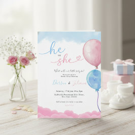 He or She Cute Pink & Blue Balloons Gender Reveal Kaart