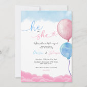 He or She Cute Pink & Blue Balloons Gender Reveal Kaart (Voorkant)