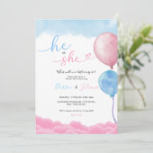 He or She Cute Pink & Blue Balloons Gender Reveal Kaart (Staand voorkant)