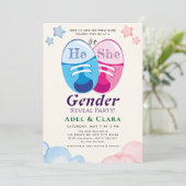 He or She Gender Reveal Invitation Kaart (Staand voorkant)