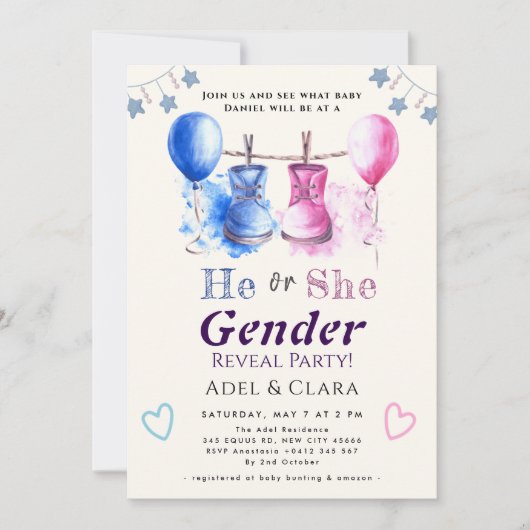 He or She Gender Reveal Invitation Kaart (Voorkant)