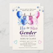 He or She Gender Reveal Invitation Kaart (Voorkant / Achterkant)