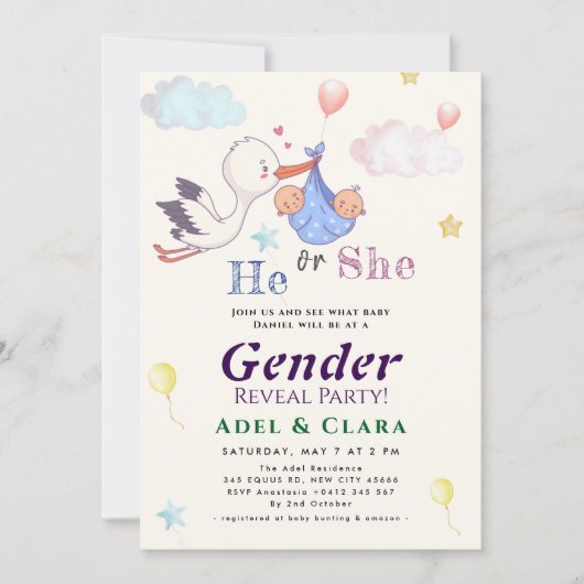 He or She Gender Reveal Invitation Kaart (Voorkant)