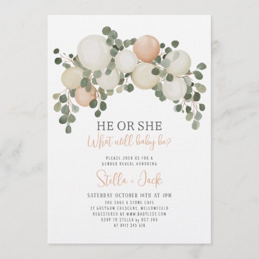 He or She Greenery Balloon Garland Gender Reveal Kaart (Voorkant)