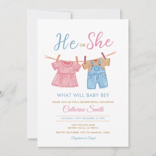 He or She Pink & Blue Clothesline Gender Reveal Kaart (Voorkant)
